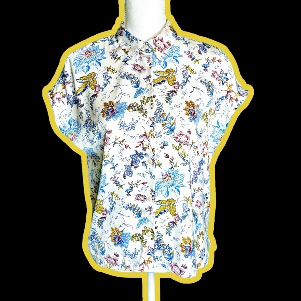 Joie White Silk-Feel Jewel-Tone Fall Floral Botanical Button Up Blouse Size S
